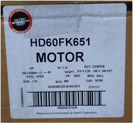 MOTOR, BLOWER, 1725 RPM, 3 HP, 60 HZ,