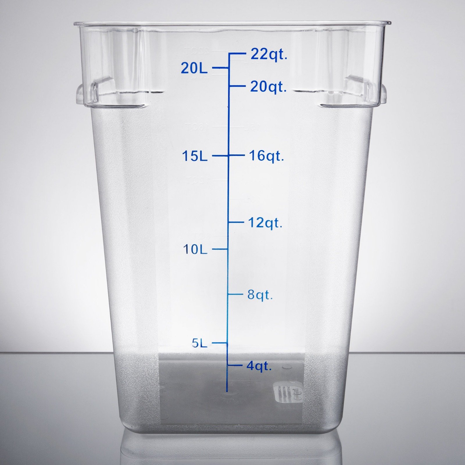 FOOD CONTAINER, STORAGE, w/BLUE GRADATION, POLYCARBONATE, CLEAR, 22 QT,
