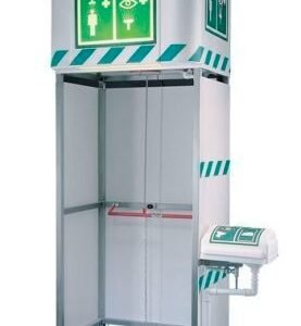 SHOWER ASSEMBLY, DECONTAMINATING, GALVANIZED STEEL, 350 LITERS, HDPE, WHITE, 60.6 X 34.6 X 128.1 INCHES, MANUFACTURER: HUGHES SAFETY SHOWERS,