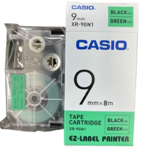 LABEL TAPE, PRESSURE SENSITIVE ADHESIVE, BLACK ON GREEN, 9 MM