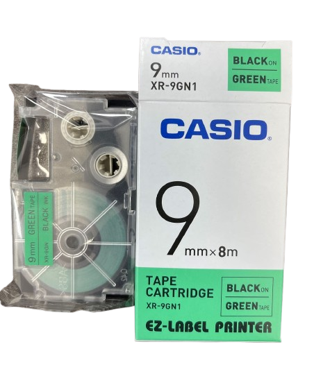 LABEL TAPE, PRESSURE SENSITIVE ADHESIVE, BLACK ON GREEN, 9 MM