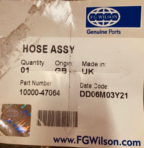 HOSE ASSEMBLY, MANUFACTURER: FG WILSON, MODEL: 10000-47064