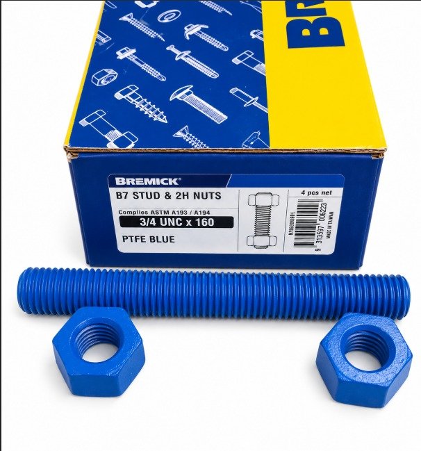 STUD, PLAIN, (STUDBOLT), w/NUTS, PTFE BLUE,