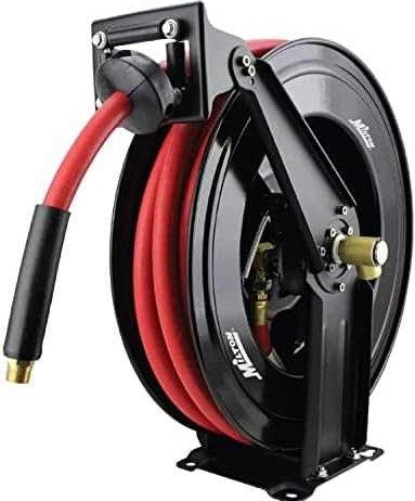 HOSE REEL, STEEL FRAME, RUBBER HOSE, 300 PSI, 50 FEET X 1/2 INCHES, MANUFACTURER: MILTON INDUSTRIES,