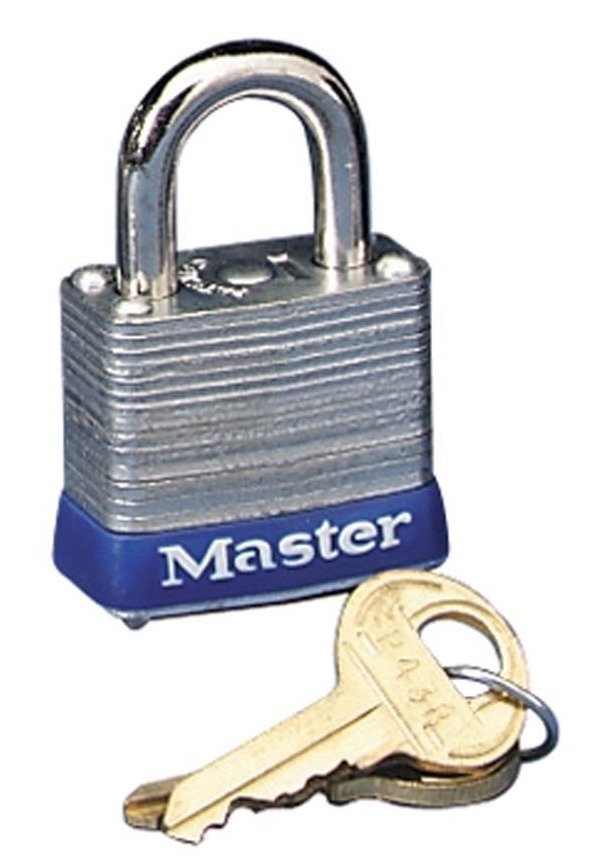 PADLOCK, KEYED, STEEL, 1-1/2 X 1 X 2 INCHES, MANUFACTURER: MASTER LOCK, MODEL: 4T082,