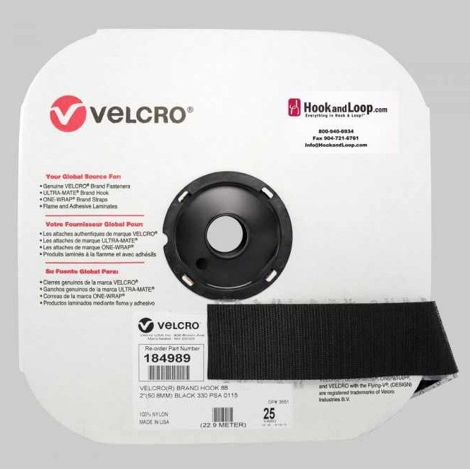 FASTENER TAPE, HOOK, NYLON, BLACK, 2 INCHES X 25 YARDS
