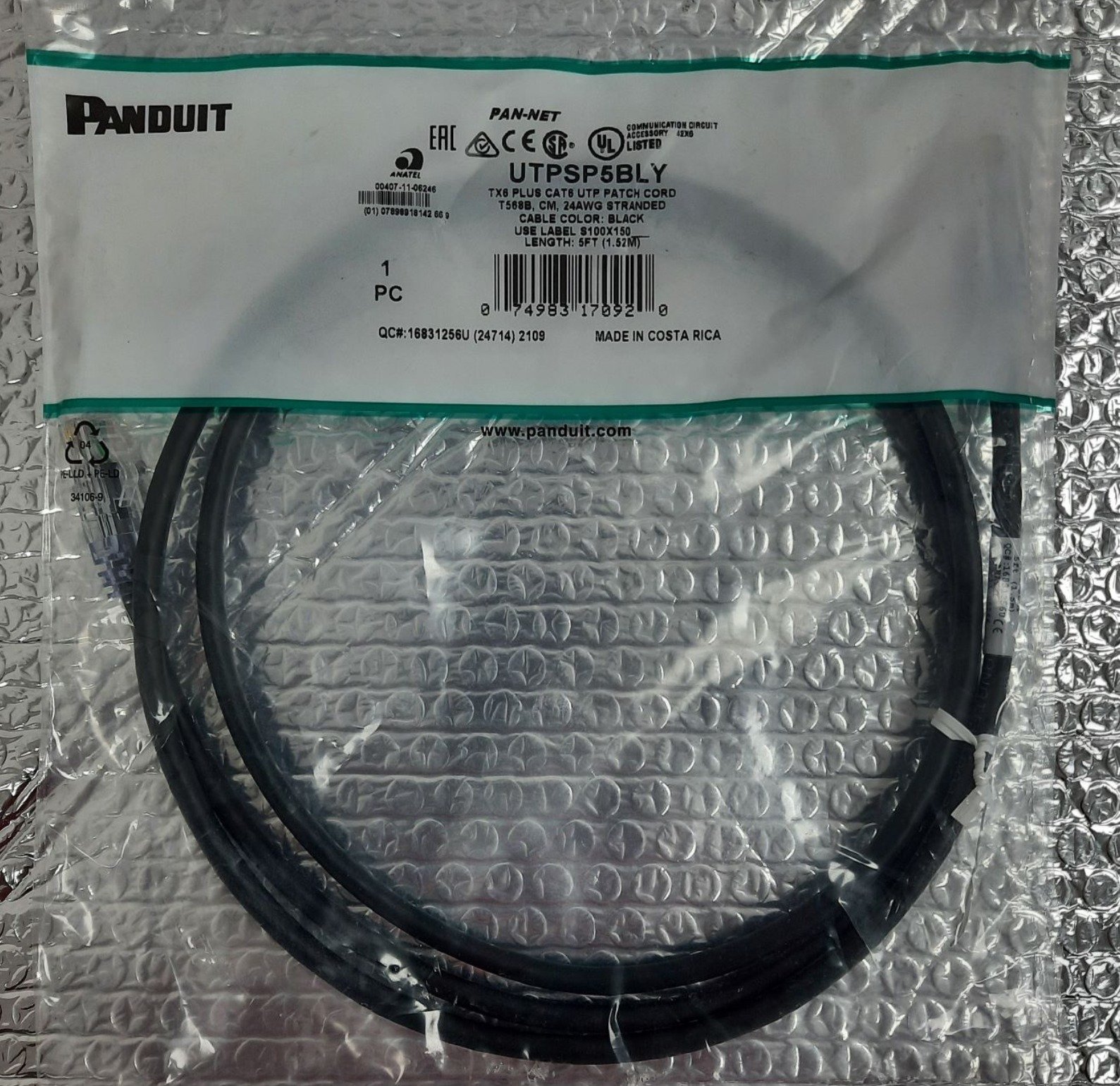 CABLE ASSEMBLY, PATCH, CAT6, U/UTP, 24 AWG