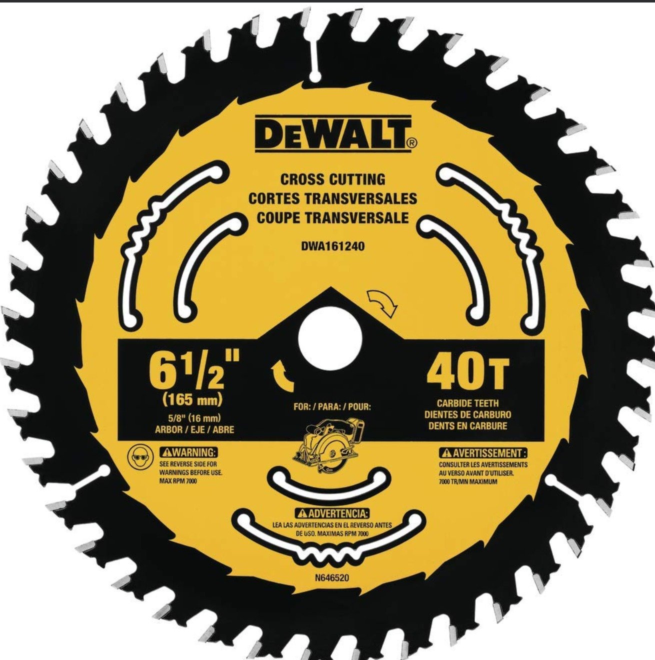 BLADE, CIRCULAR SAW, WOOD, CROSS CUTTING, 7000RPM, 6-1/2 INCHES