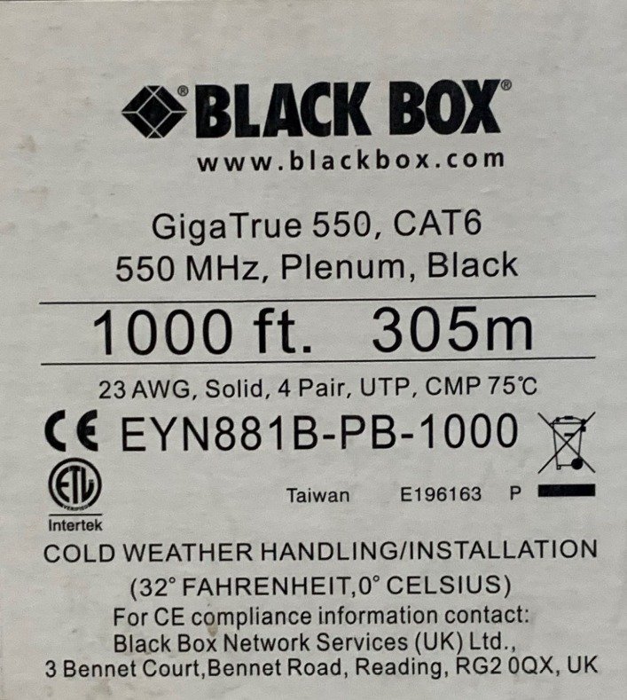 CABLE, CAT6, PVC, UNSHIELDED, BLACK, 23 AWG, 550 MHZ