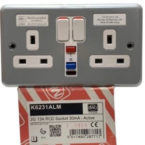 SOCKET, SWITCH, OUTLET, RCD PROTECTED, 2 GANG, 250VAC, 13A, 30MA, STEEL, GRAY