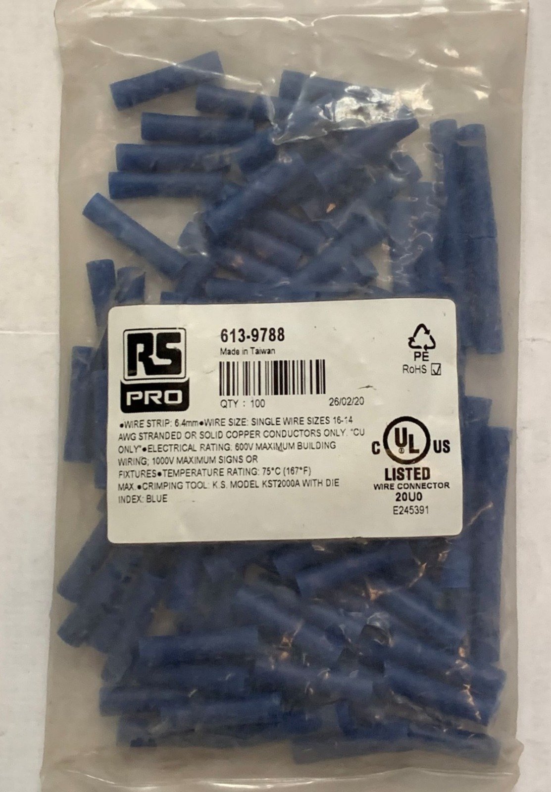 BUTT SPLICE, CONNECTOR, 14 AWG (2.5MM)