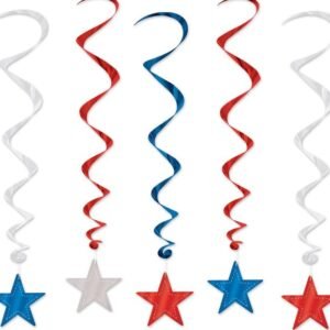 STREAMER SET, AMERICAN FLAG WHIRLS, PLASTIC, BLUE/RED/SILVER, 5 PIECES