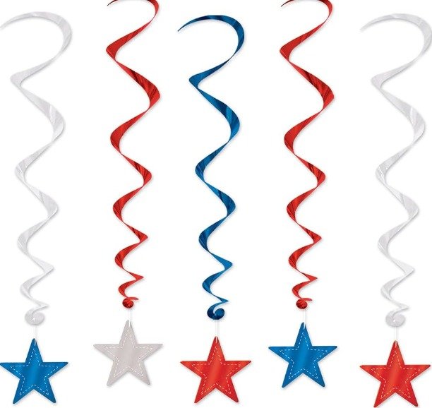 STREAMER SET, AMERICAN FLAG WHIRLS, PLASTIC, BLUE/RED/SILVER, 5 PIECES