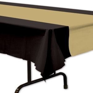TABLECLOTH, (TABLE COVER), PLASTIC, BLACK/GOLD, 108 X 54 INCHES, MANUFACTURER: BEISTLE,