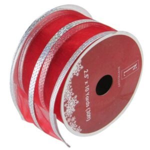 DECORATION, CRAFT RIBBON, RED FLORAL, NYLON/WIRE,