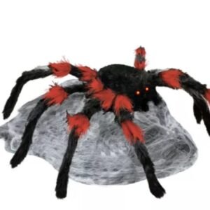 DECORATION, JUMPING SPIDER ANIMATRONIC, POLYESTER, PLASTIC, RED, BLACK, LED, 21 INCHES, MANUFACTURER: SPIRIT HALLOWEEN,