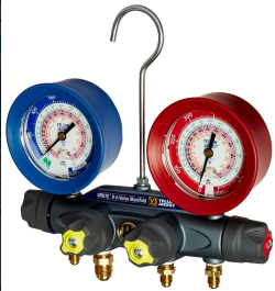MANIFOLD, CHARGING AND TESTING, REFRIGERANT, GAGE, 4 VALVES, 4 HOSES, w/COUPLER, 3-18 INCHES