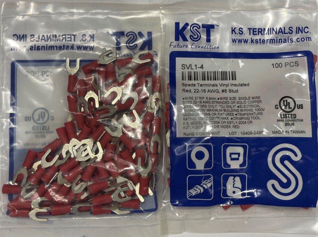 TERMINAL, LUG, FORK, INSULATED, RED, 22-16 AWG