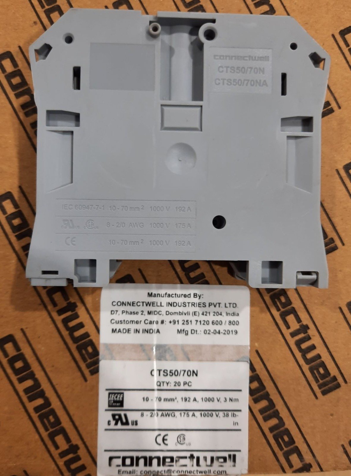 TERMINAL BLOCK, FEED THROUGH, GRAY, POLYAMIDE, 1000 V, 192 A
